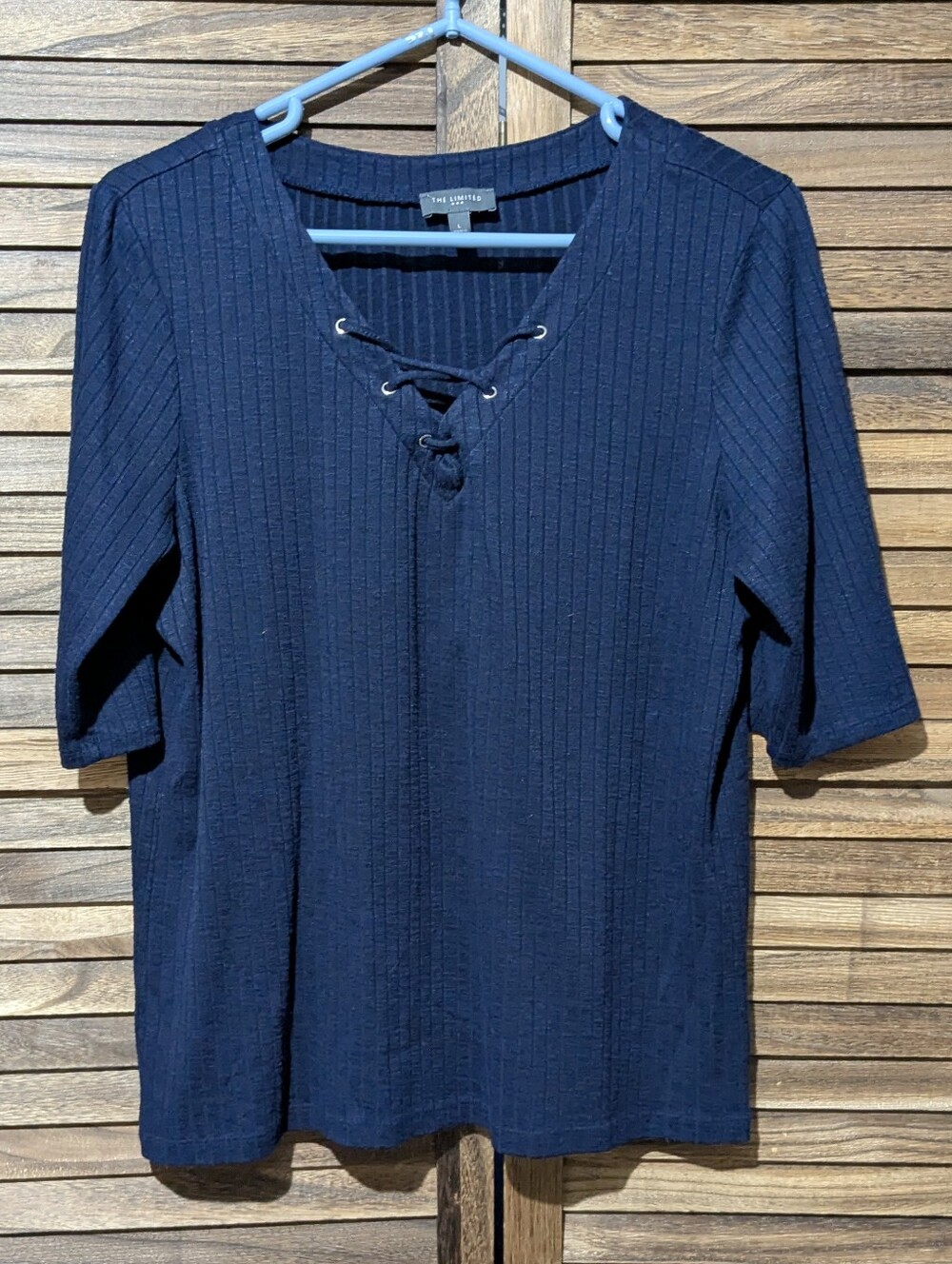 The Limited Navy Blue Ribbed Lace-Up 3/4 Sleeve Top